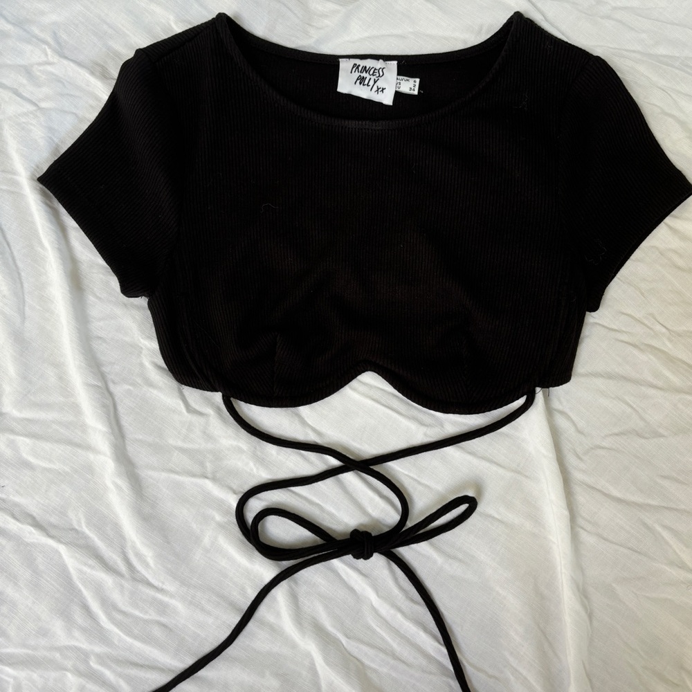 Princess Polly Black Cropped Tie Shirt